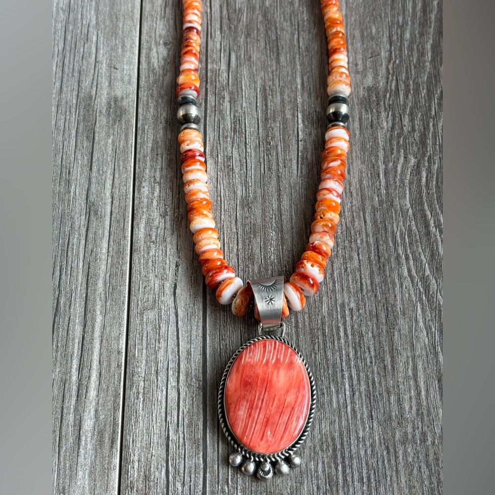 Handmade Navajo Sterling Silver and Orange Spiney Oyster Pendant with Necklace - Picture 2 of 6